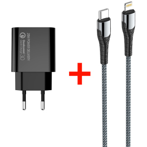 Мережевий зарядний пристрій СolorWay Power Delivery USB Type-C (20W) V2 + Кабель Type-C-Apple Lightning (PD 30W) 3.0А 1 м (CW-CHS026PD-BK/CBPDCL033-GR) в Чернігові