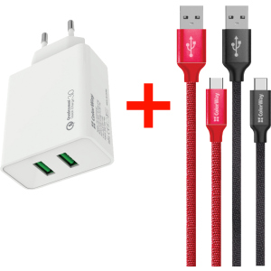 Мережеве зарядне обладнання ColorWay 2USB Quick Charge 3.0 (36W) White + Кабель ColorWay Type-C 2.1А 1м Red + Кабель ColorWay Type-C 2.1А 1 м Black (CW-CHS017Q-WT-CBU)