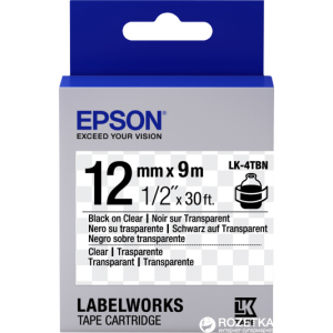 Картридж зі стрічкою Epson LabelWorks LK4TBN 12 мм / 9 м Black/Clear (C53S654012) краща модель в Чернігові