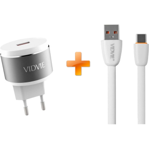 Сетевое зарядное устройство Vidvie PLE211Q 1USB 1.5A + USB Type-C cable White-Silver (6970280941444) лучшая модель в Чернигове