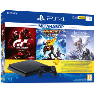 Ігрова приставка PlayStation 4 1ТБ Black у комплекті з 3 іграми та підпискою PS Plus (Ratchet &amp; Clank + Horizon Zero Dawn + Gran Turismo Sport + PS Plus 3 місяці) в Чернігові