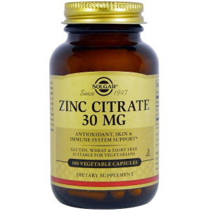 Цинк Solgar Цитрат, 30 мг, Zinc Citrate, 100 вегетарианских капсул (33984036703) лучшая модель в Чернигове