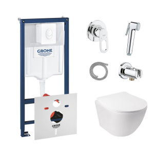 Комплект инсталляция Grohe Rapid SL 38722001 + унитаз с сиденьем Qtap Jay QT07335176W + набор для гигиенического душа со смесителем Grohe BauLoop 111042 надежный