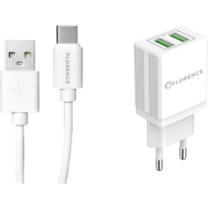 Сетевое зарядное устройство Florence 2USB 2A + Type-C Cable White (FL-1021-WT) лучшая модель в Чернигове